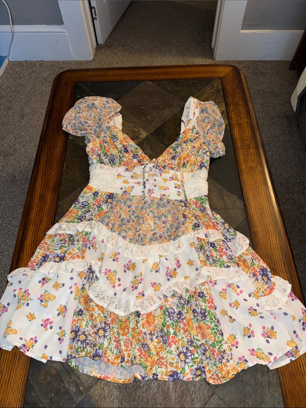Altar'd State Floral Ruffled Tiered Sun Dress in White, Orange, Purple